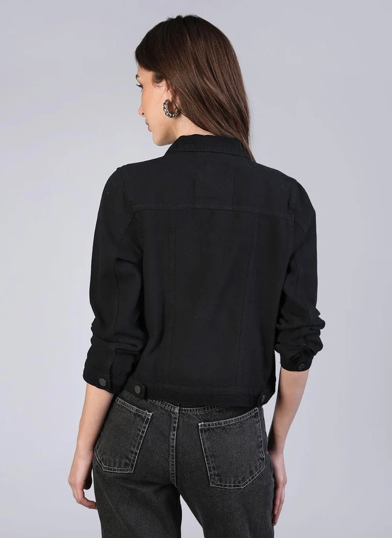 Urbano Fashion  Urbano Fashion Women's Black Regular Fit Washed Full Sleeve Denim Jacket for Women | Best Price UAE